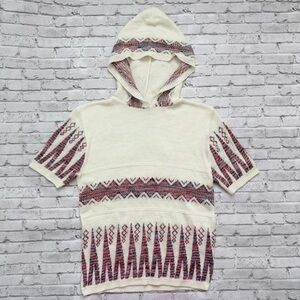 Vintage 70s Boho Patterned Knit Hooded Short Sleeve Sweater